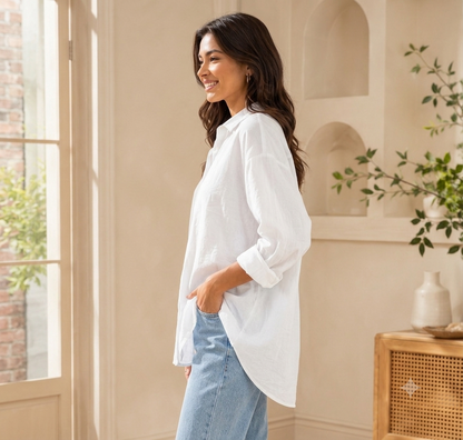 White Linen Blend Shirt | Relaxed Loose Fit Full Sleeve Button-Down Casual Shirt