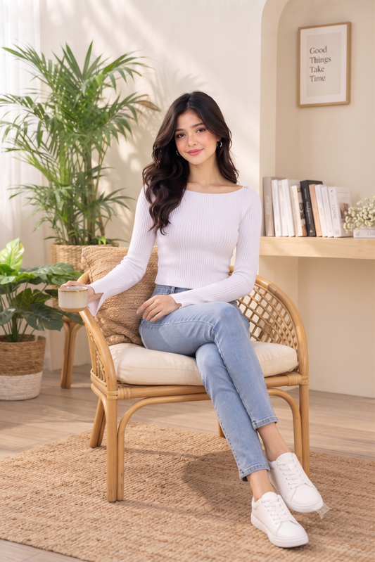 White Off Shoulder Stretchable Knit Top | Full Sleeve Ribbed Sweater Top