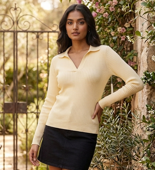 Ribbed Knitted Polo Neck Sweater Top, Full Sleeve Stretchable Semi-Winter Pullover – Yellow