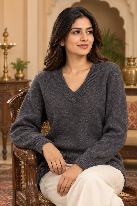 V-Neck Knitted Sweater, Full Sleeve Loose Fit Pullover for Casual & Winter Wear – Dark Grey