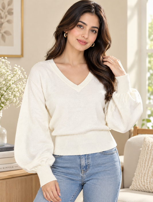 White V-Neck Down Shoulder Sweater | 83% Viscose 17% Polyamide | Soft & Comfortable Knit Pullover