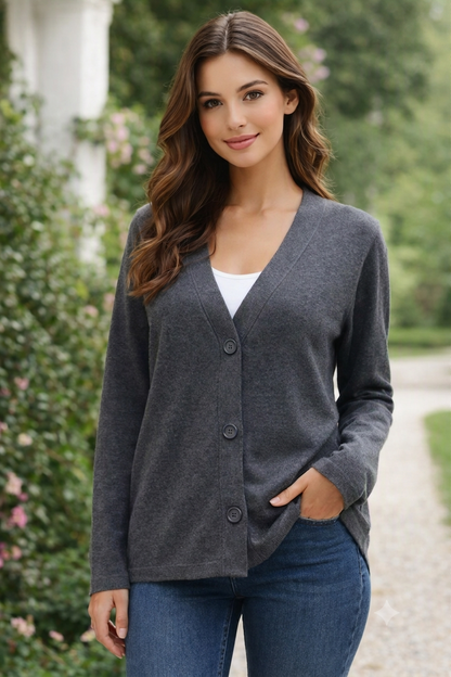 Dark Grey Loose Fit V-Neck Button Front Cardigan | Soft Wool Blend Casual Full Sleeve Cardigan