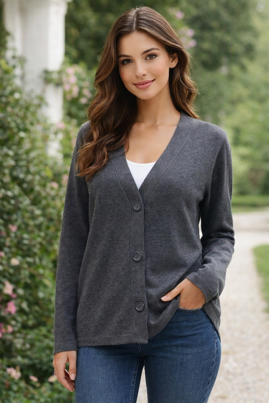 Dark Grey Loose Fit V-Neck Button Front Cardigan | Soft Wool Blend Casual Full Sleeve Cardigan