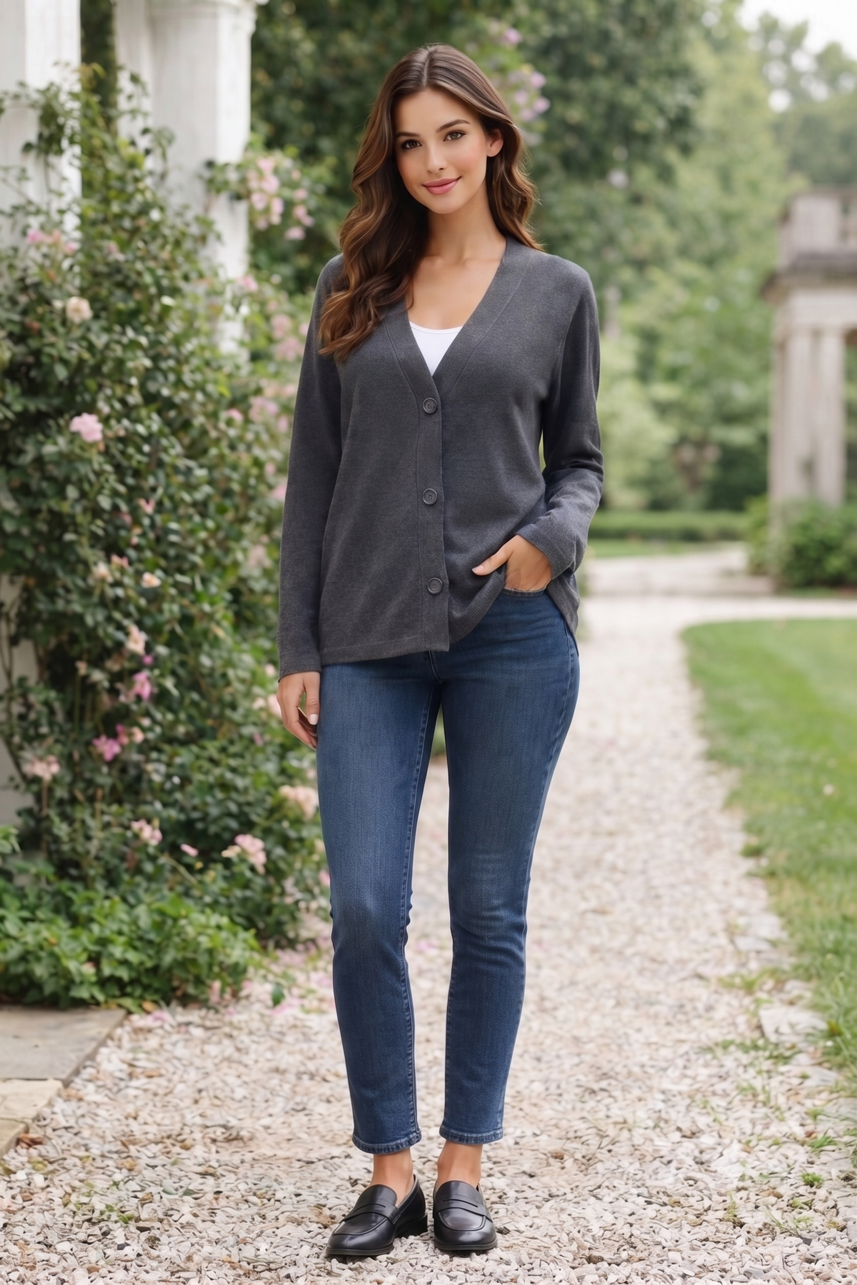 Dark Grey Loose Fit V-Neck Button Front Cardigan | Soft Wool Blend Casual Full Sleeve Cardigan