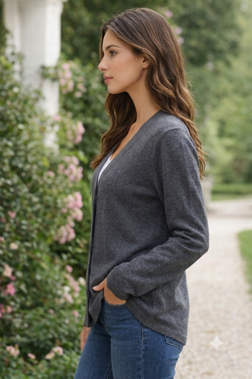 Dark Grey Loose Fit V-Neck Button Front Cardigan | Soft Wool Blend Casual Full Sleeve Cardigan
