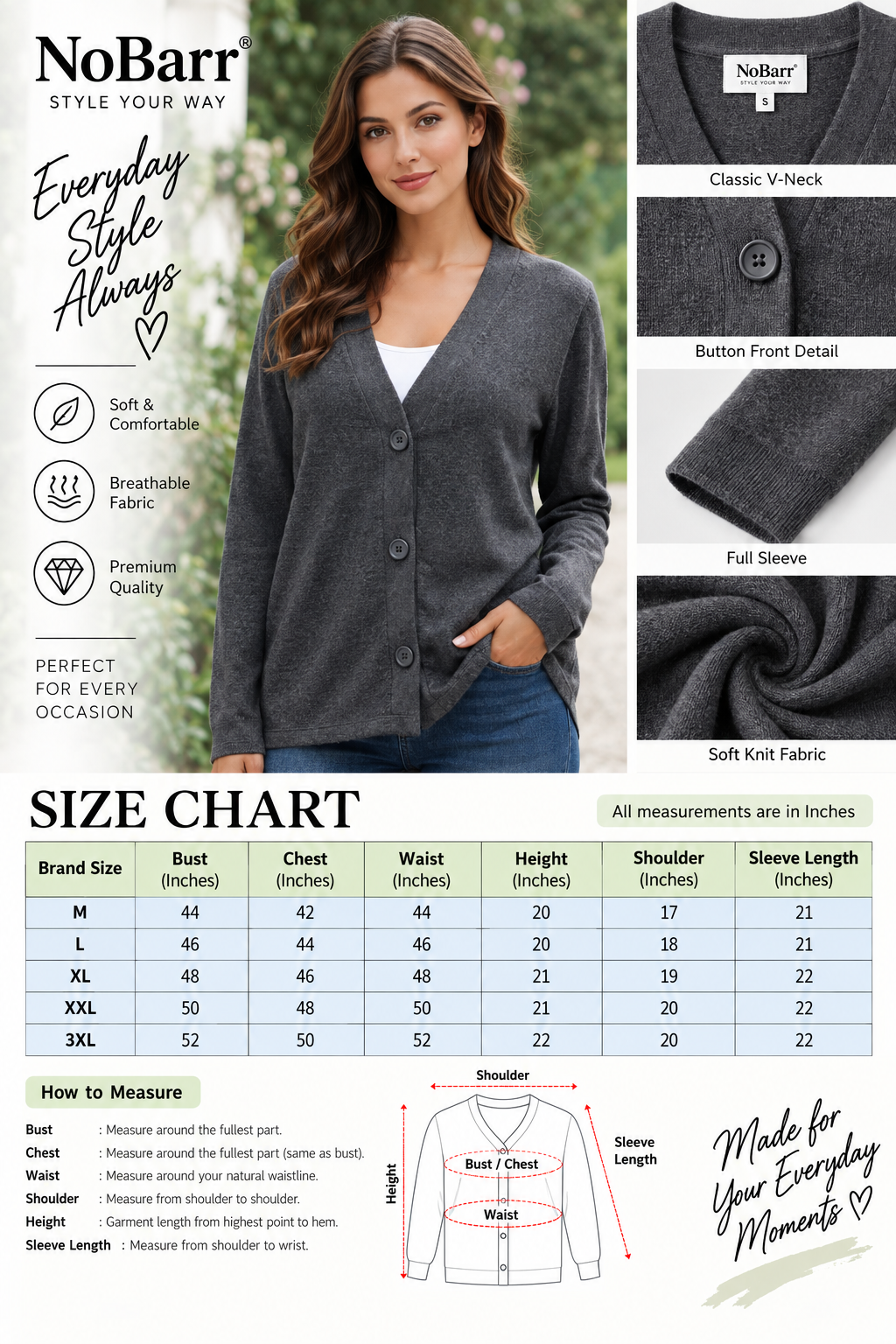 Dark Grey Loose Fit V-Neck Button Front Cardigan | Soft Wool Blend Casual Full Sleeve Cardigan