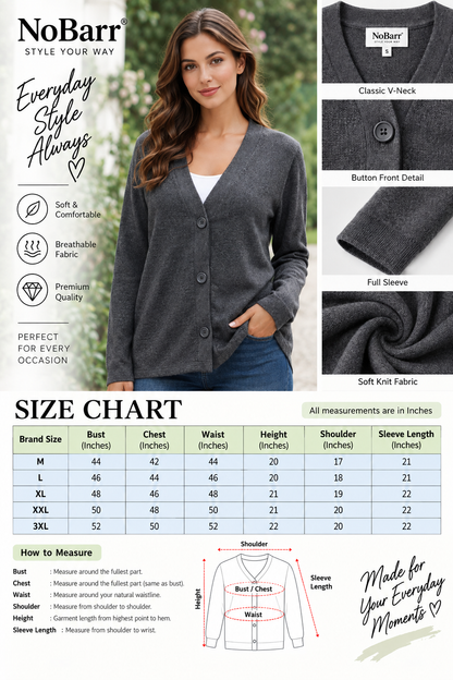 Dark Grey Loose Fit V-Neck Button Front Cardigan | Soft Wool Blend Casual Full Sleeve Cardigan