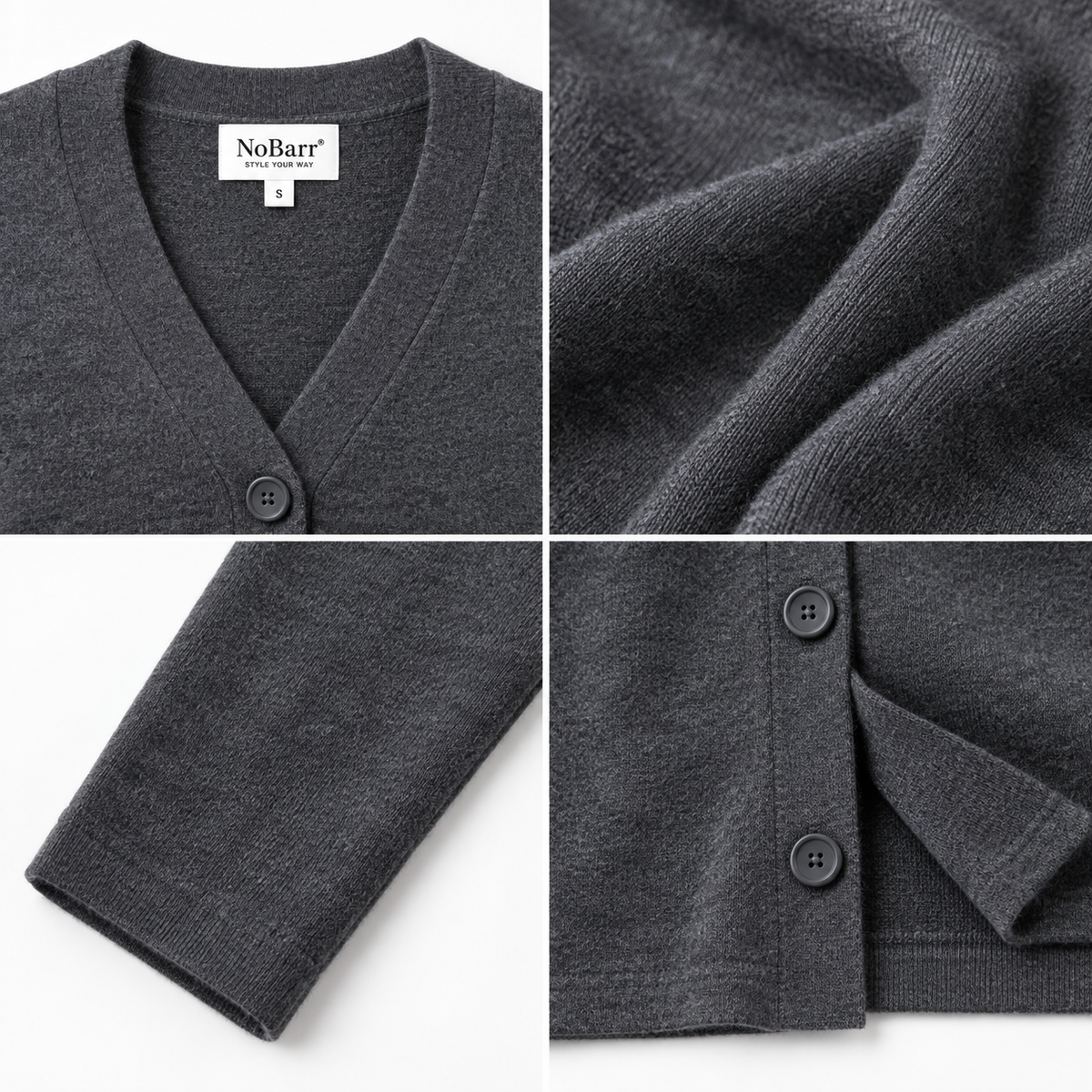 Dark Grey Loose Fit V-Neck Button Front Cardigan | Soft Wool Blend Casual Full Sleeve Cardigan