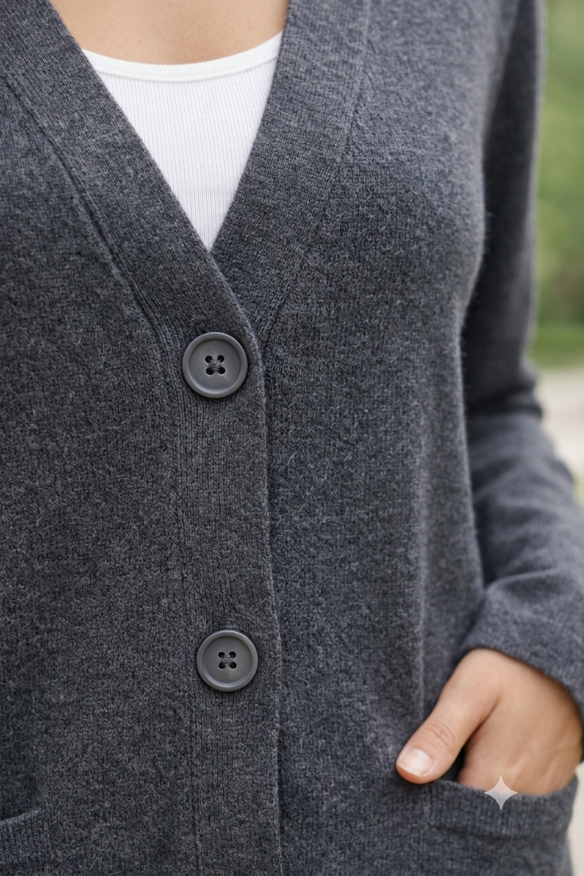 Dark Grey Loose Fit V-Neck Button Front Cardigan | Soft Wool Blend Casual Full Sleeve Cardigan