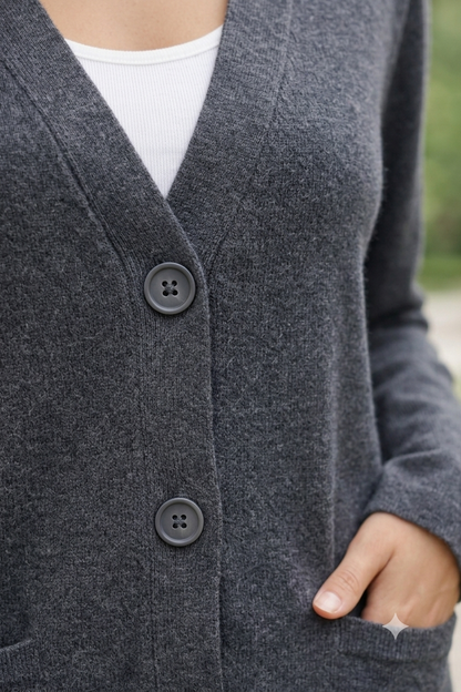 Dark Grey Loose Fit V-Neck Button Front Cardigan | Soft Wool Blend Casual Full Sleeve Cardigan