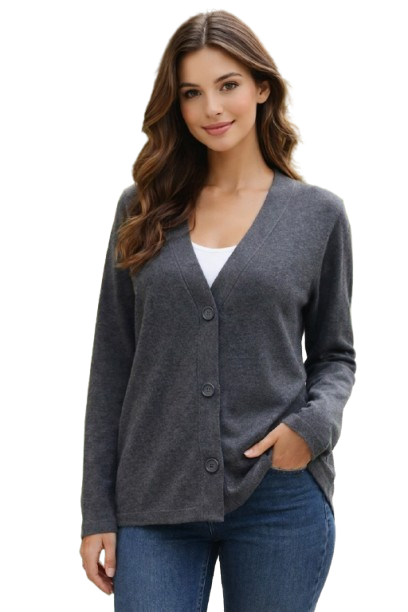 Dark Grey Loose Fit V-Neck Button Front Cardigan | Soft Wool Blend Casual Full Sleeve Cardigan