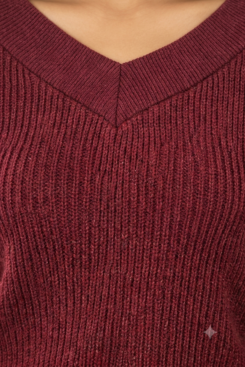 Maroon V-Neck Ribbed Knit Sweater with Full Sleeves