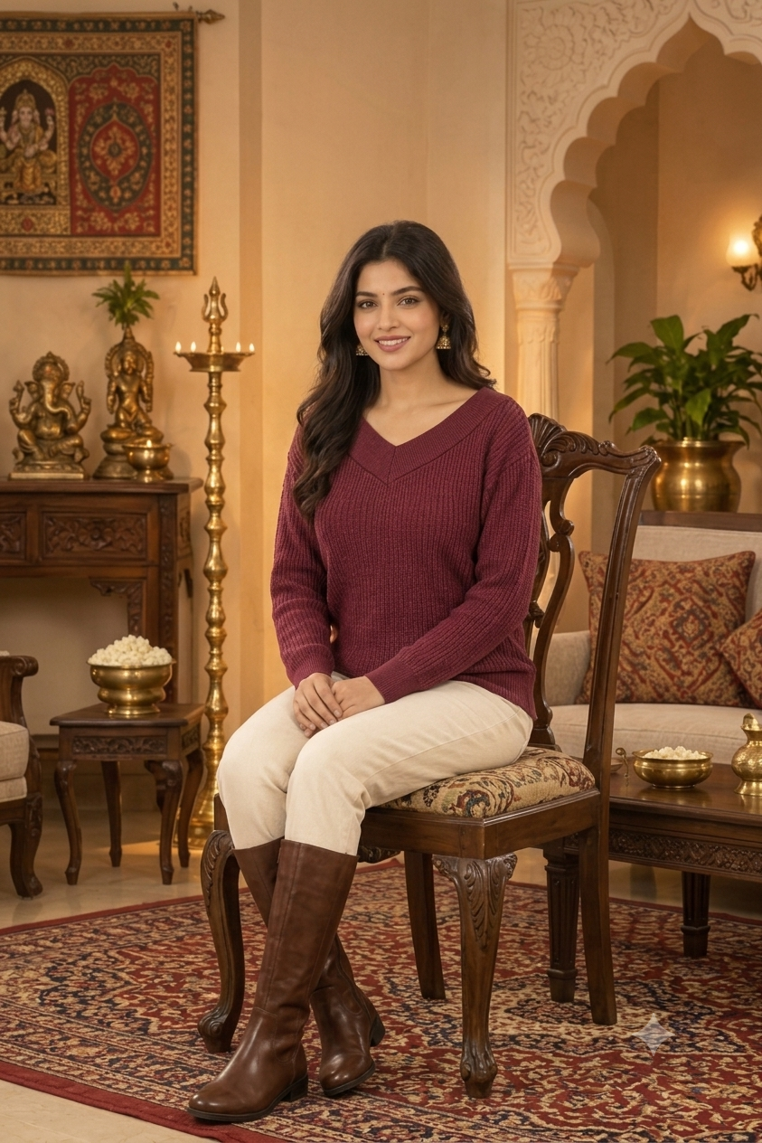 Maroon V-Neck Ribbed Knit Sweater with Full Sleeves