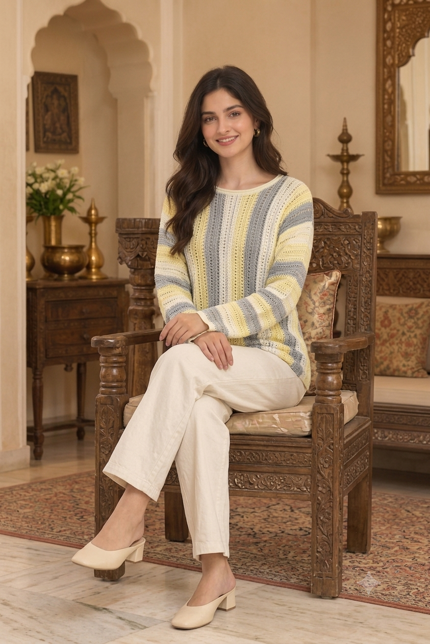Cream Striped Cotton Acrylic Knitted Sweater with Full Sleeves and Drop Shoulder