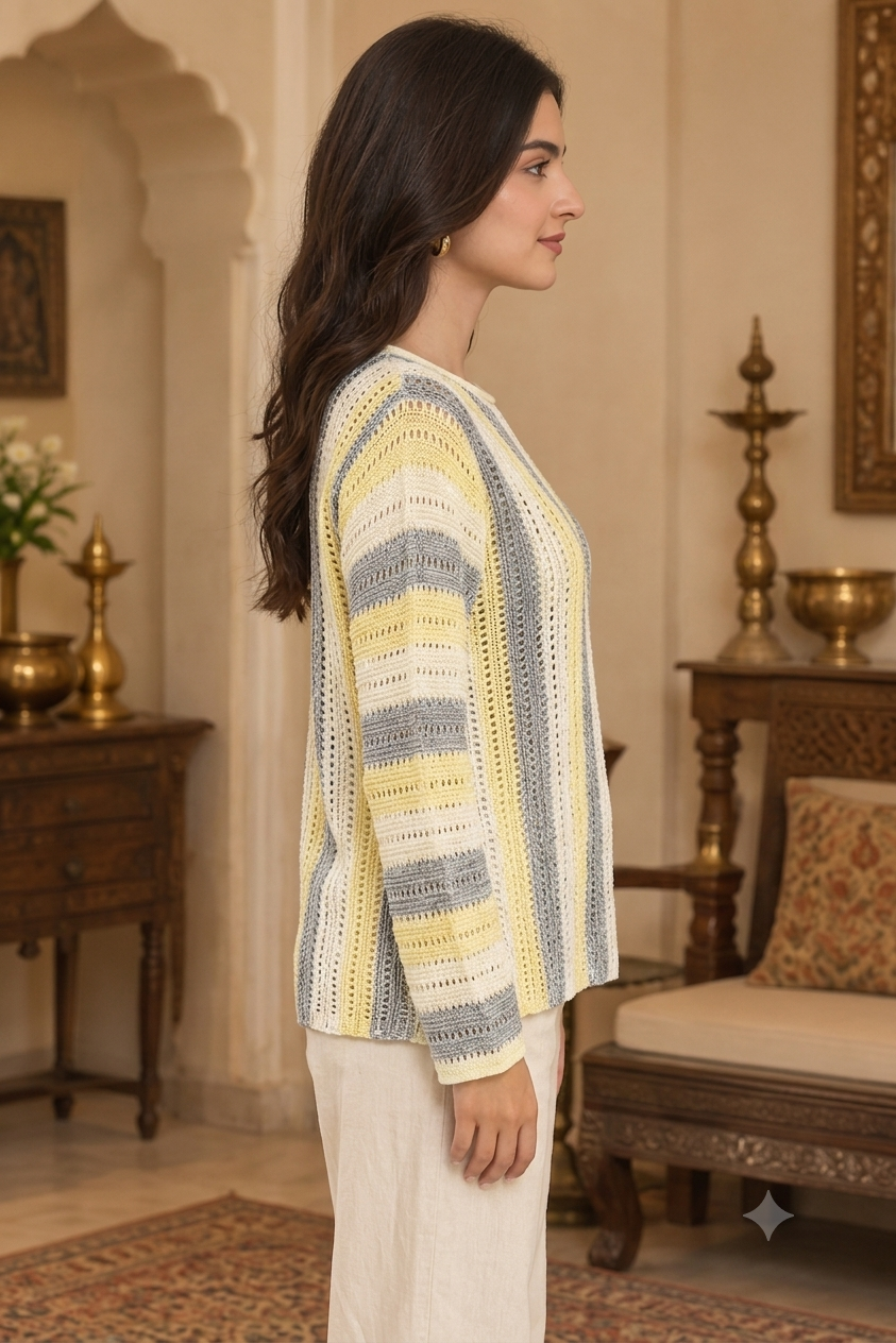 Cream Striped Cotton Acrylic Knitted Sweater with Full Sleeves and Drop Shoulder