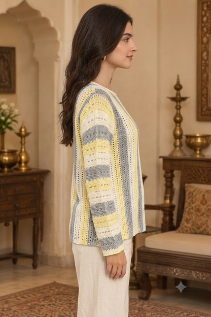 Cream Striped Cotton Acrylic Knitted Sweater with Full Sleeves and Drop Shoulder