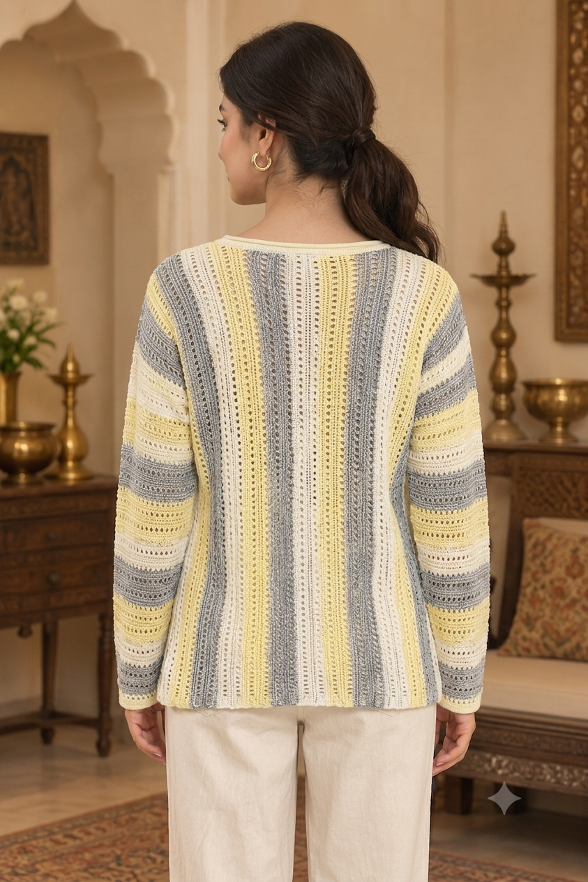 Cream Striped Cotton Acrylic Knitted Sweater with Full Sleeves and Drop Shoulder