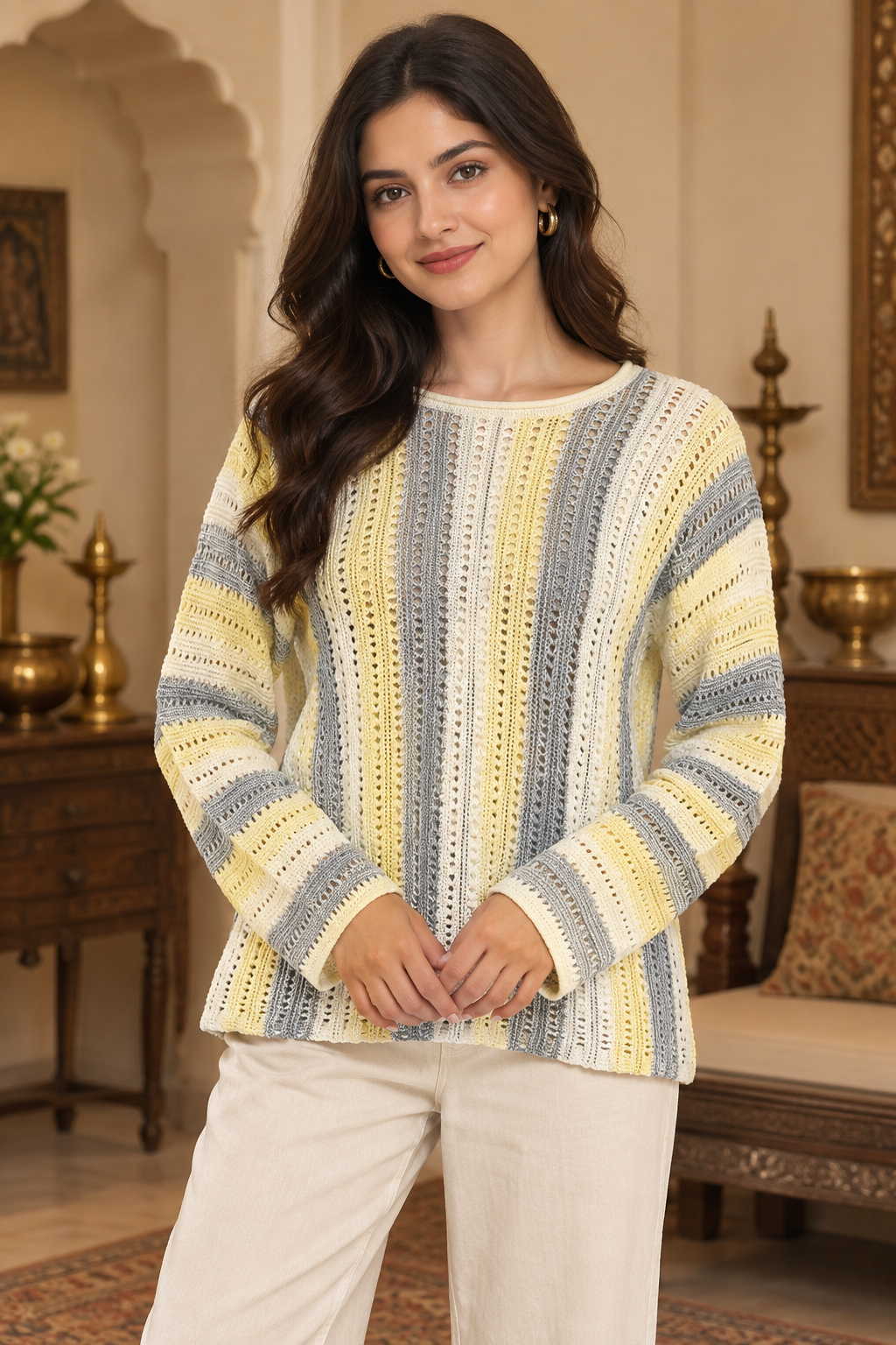 Cream Striped Cotton Acrylic Knitted Sweater with Full Sleeves and Drop Shoulder
