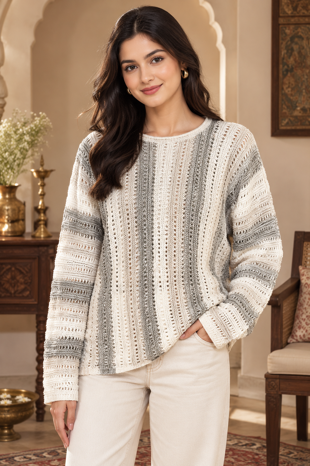 Multicolor Striped Cotton Acrylic Knitted Sweater with Full Sleeves and Drop Shoulder