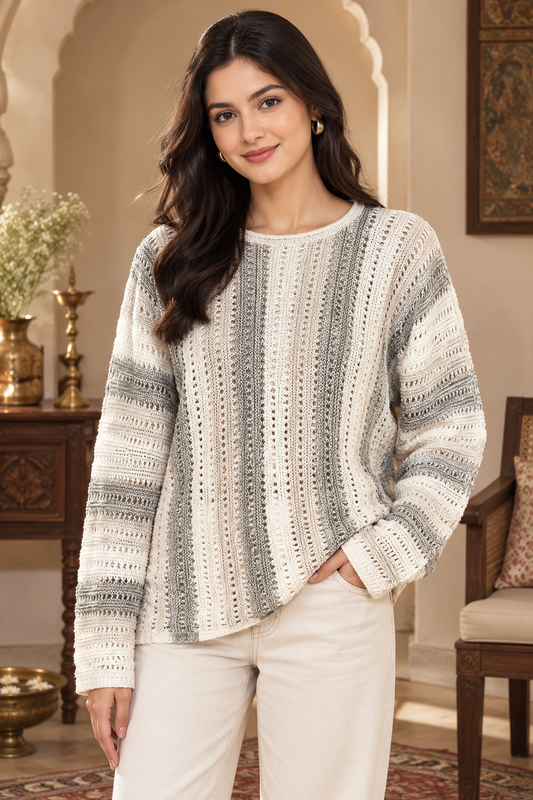Multicolor Striped Cotton Acrylic Knitted Sweater with Full Sleeves and Drop Shoulder