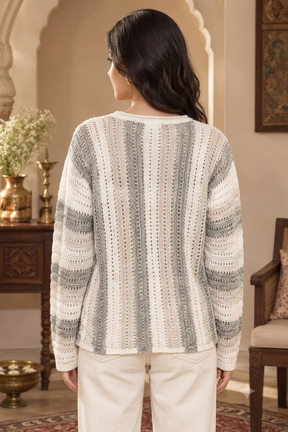 Multicolor Striped Cotton Acrylic Knitted Sweater with Full Sleeves and Drop Shoulder