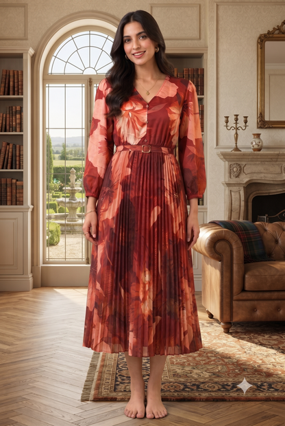 Multi Floral Printed Pleated Maxi Dress with V-Neck, Full Sleeves and Belted Waist