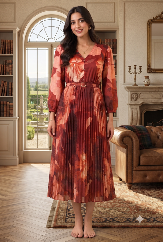 Multi Floral Printed Pleated Maxi Dress with V-Neck, Full Sleeves and Belted Waist