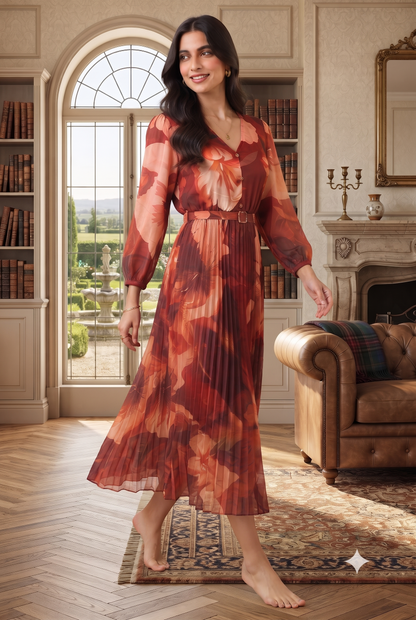 Multi Floral Printed Pleated Maxi Dress with V-Neck, Full Sleeves and Belted Waist