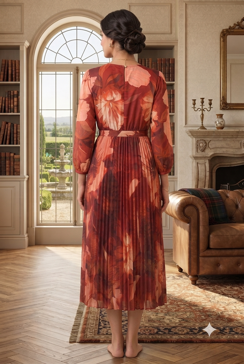 Multi Floral Printed Pleated Maxi Dress with V-Neck, Full Sleeves and Belted Waist
