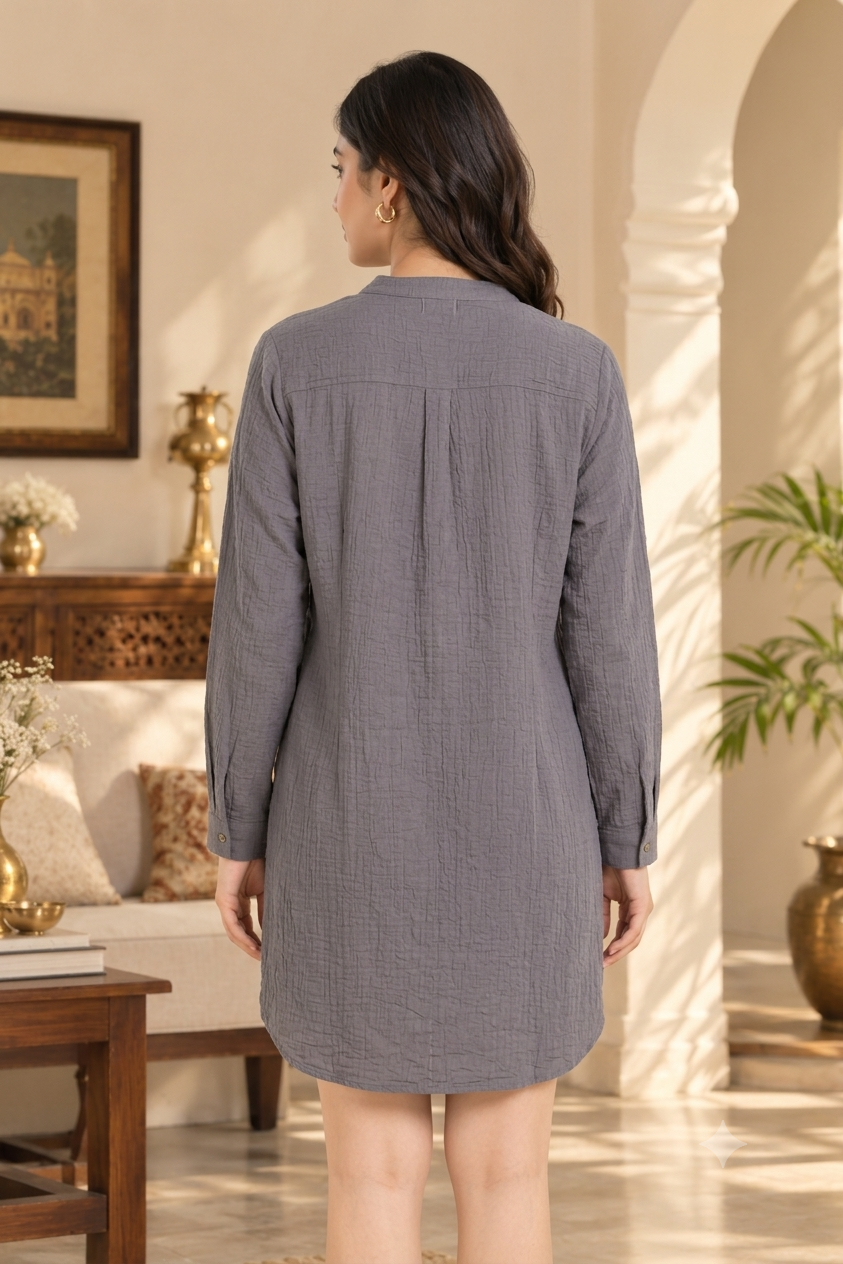 Grey 100% Cotton Drop Shoulder V-Neck Button-Down Loose Fit Tunic Dress