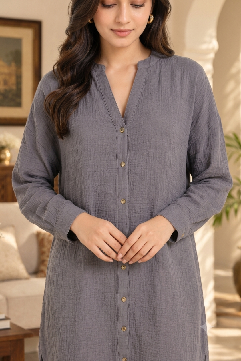 Grey 100% Cotton Drop Shoulder V-Neck Button-Down Loose Fit Tunic Dress
