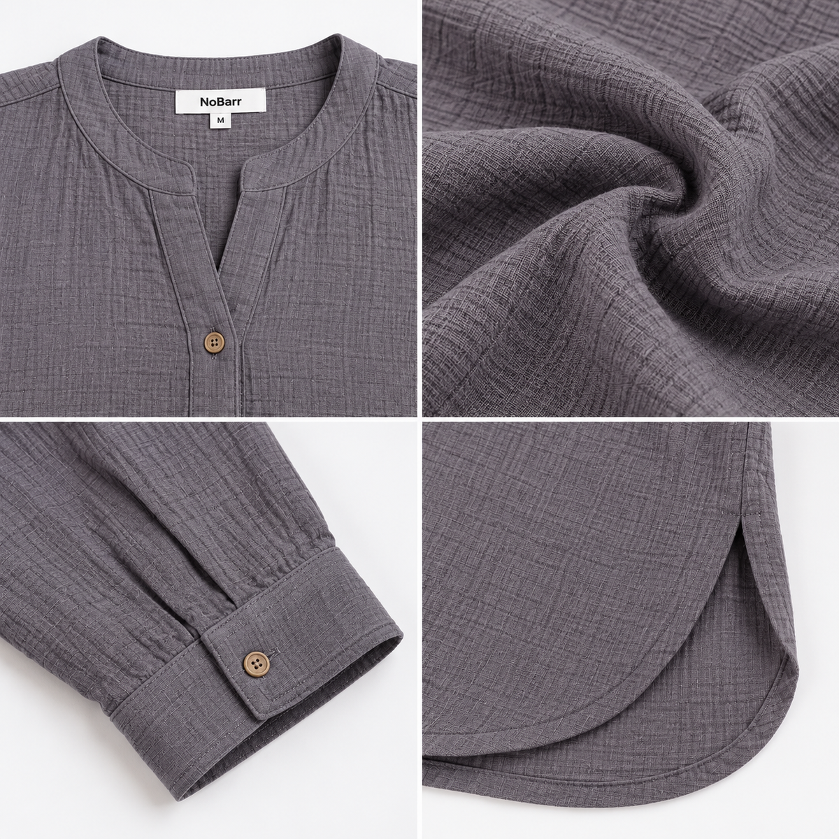 Grey 100% Cotton Drop Shoulder V-Neck Button-Down Loose Fit Tunic Dress