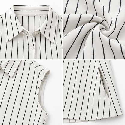 White and Black Striped Sleeveless Shirt Collar Midi Dress with Button-Down Front and Side Pockets