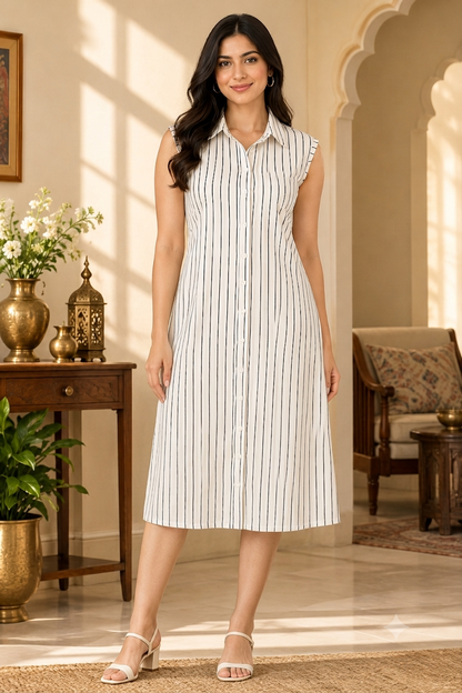 White and Black Striped Sleeveless Shirt Collar Midi Dress with Button-Down Front and Side Pockets