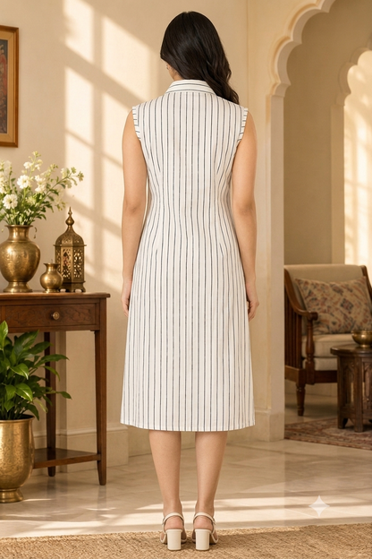 White and Black Striped Sleeveless Shirt Collar Midi Dress with Button-Down Front and Side Pockets