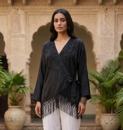 Black Polyester Wrap Top with V-Neck, Embellished Front, Tie-Waist and Fringe Hem