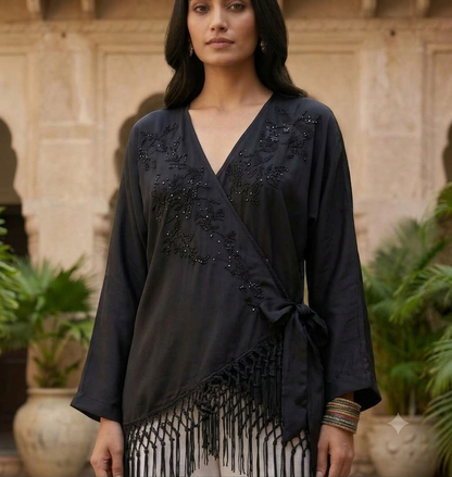 Black Polyester Wrap Top with V-Neck, Embellished Front, Tie-Waist and Fringe Hem