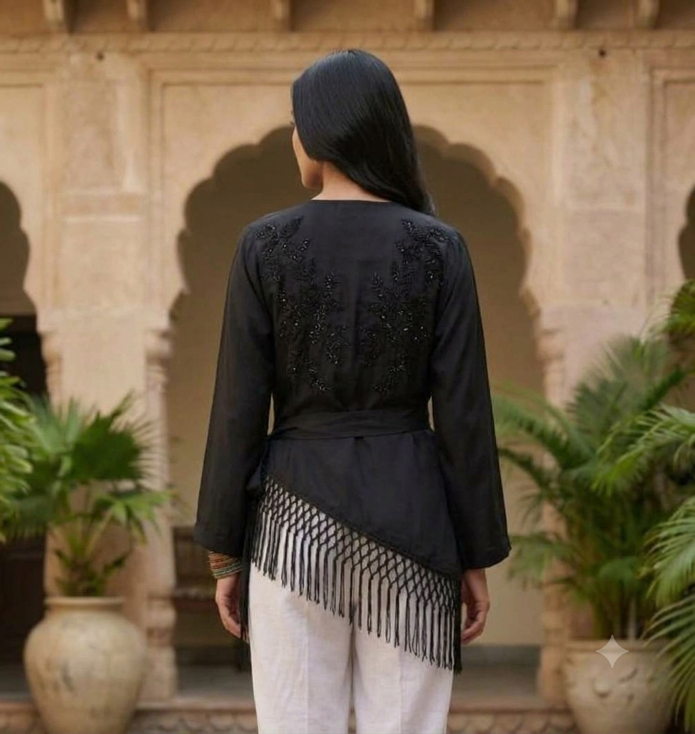Black Polyester Wrap Top with V-Neck, Embellished Front, Tie-Waist and Fringe Hem