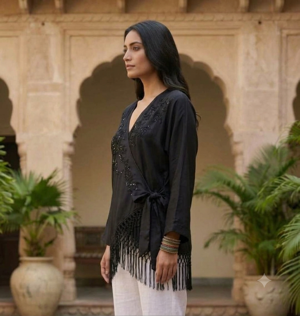 Black Polyester Wrap Top with V-Neck, Embellished Front, Tie-Waist and Fringe Hem