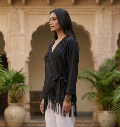 Black Polyester Wrap Top with V-Neck, Embellished Front, Tie-Waist and Fringe Hem