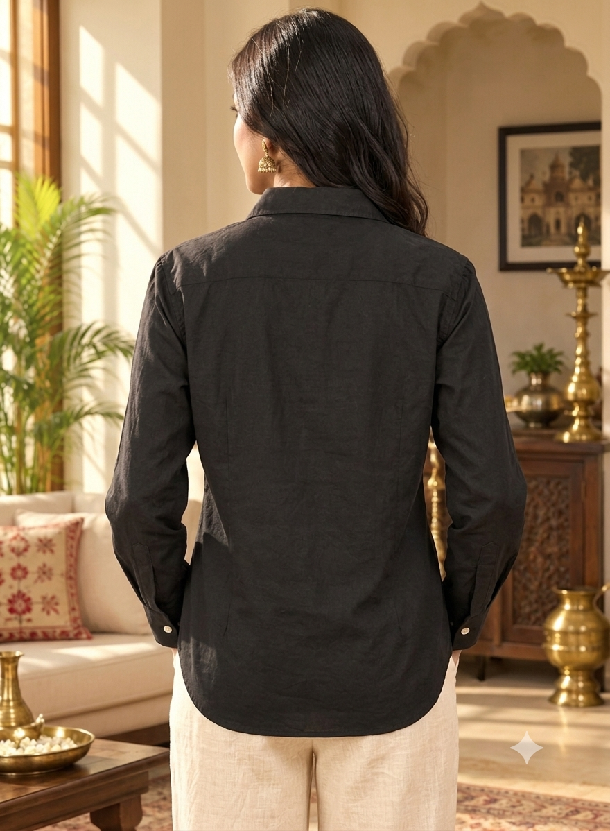 Black 100% Cotton Button-Down Shirt with White Buttons, Shirt Collar, Full Sleeves and Loose Fit