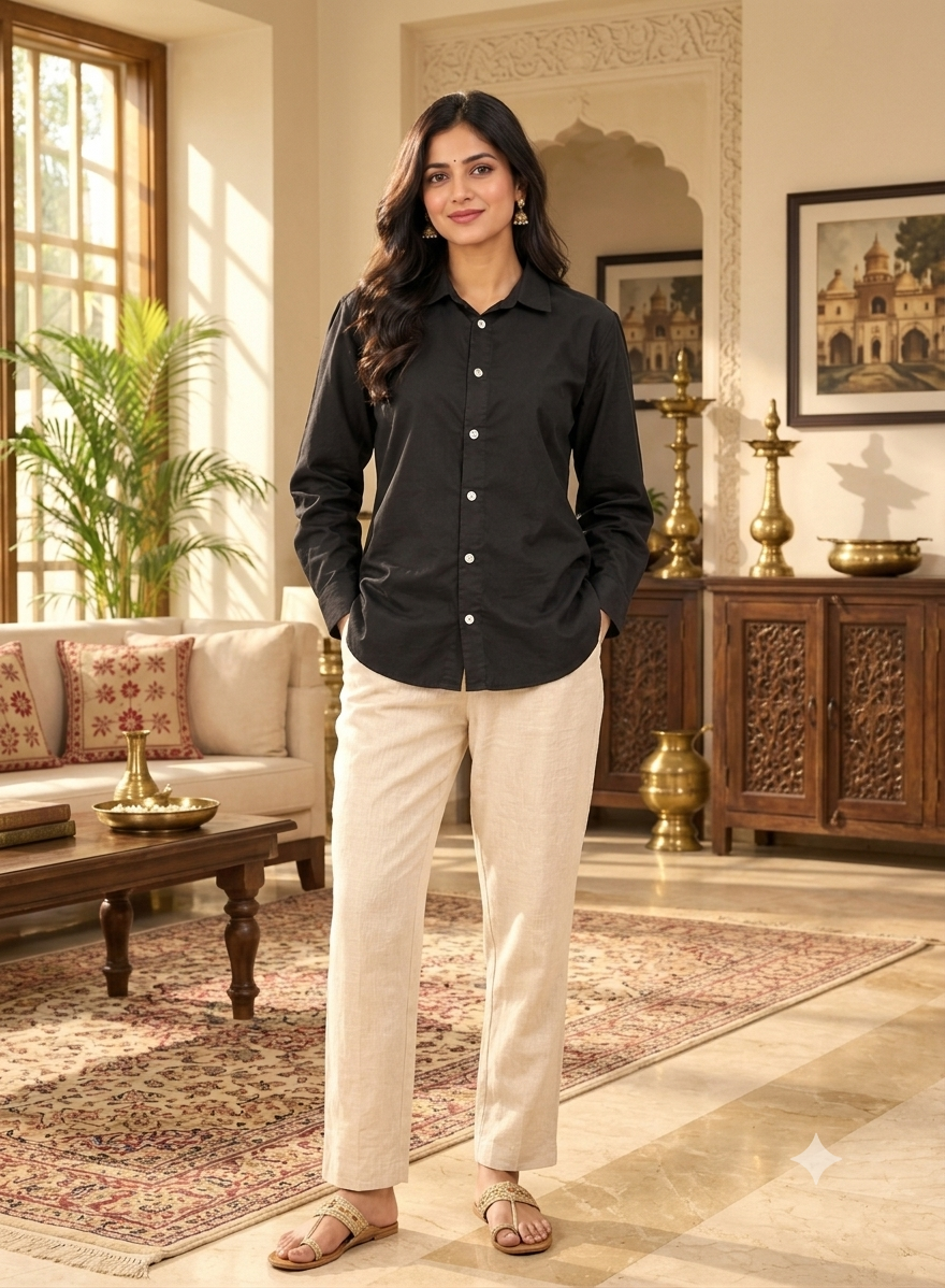 Black 100% Cotton Button-Down Shirt with White Buttons, Shirt Collar, Full Sleeves and Loose Fit