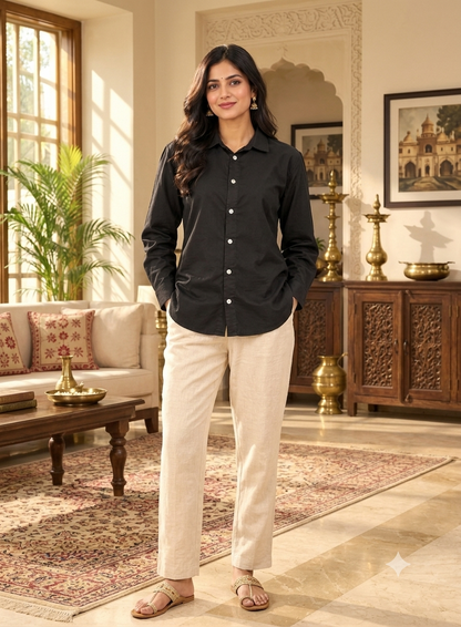 Black 100% Cotton Button-Down Shirt with White Buttons, Shirt Collar, Full Sleeves and Loose Fit