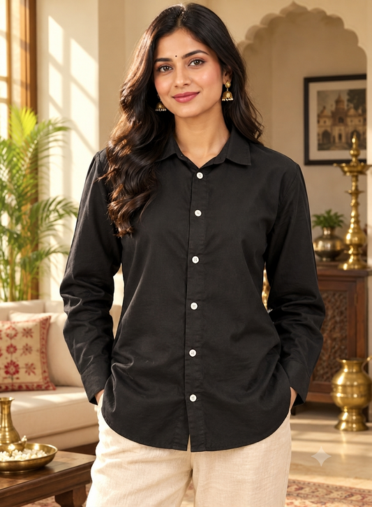Black 100% Cotton Button-Down Shirt with White Buttons, Shirt Collar, Full Sleeves and Loose Fit