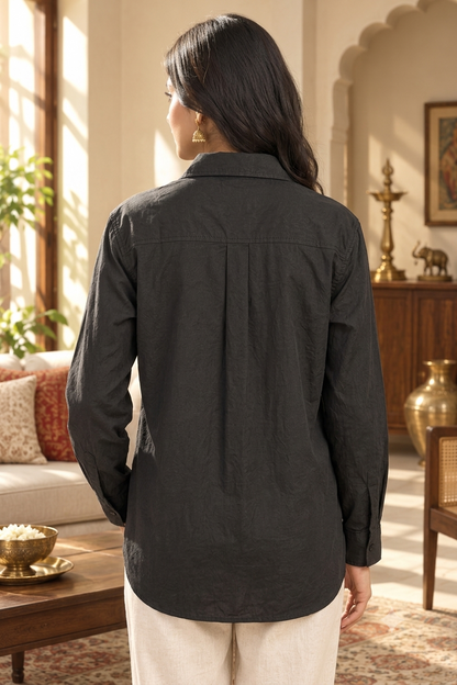Black 100% Cotton Button-Down Shirt with Collar, Full Sleeves, Chest Pocket and Loose Fit
