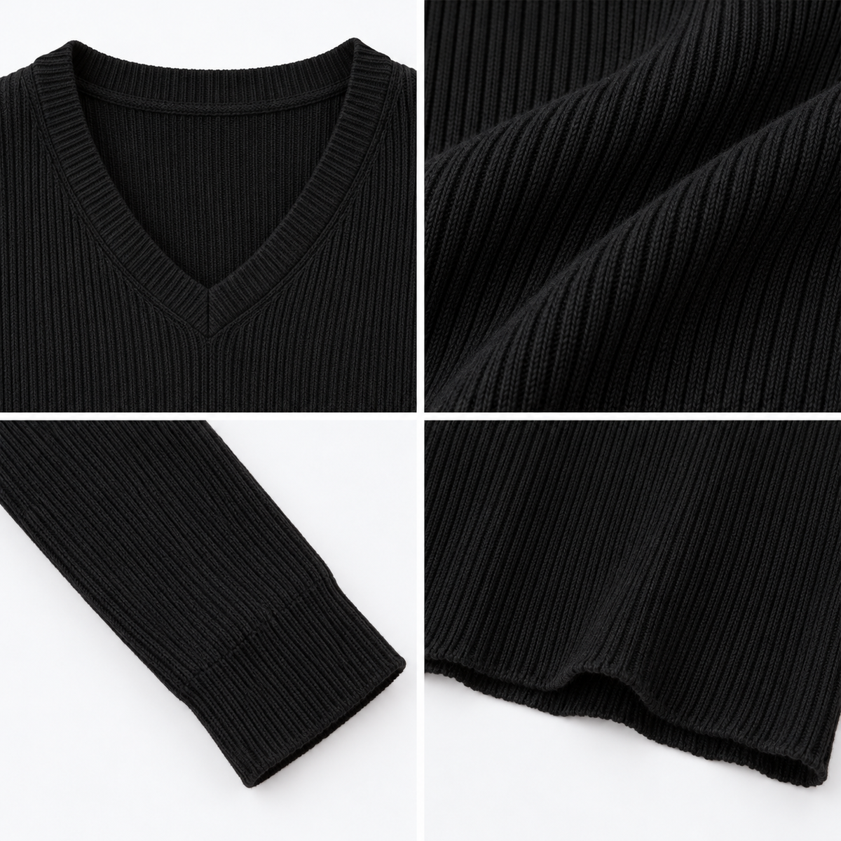 Black Ribbed V-Neck Cropped Sweater Top with Full Sleeves