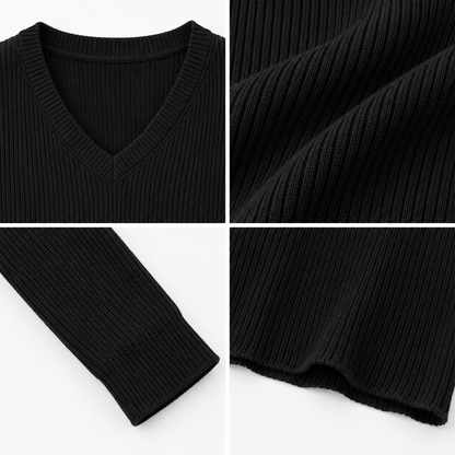Black Ribbed V-Neck Cropped Sweater Top with Full Sleeves