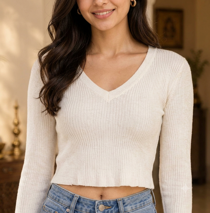 White Ribbed V-Neck Cropped Sweater Top with Full Sleeves