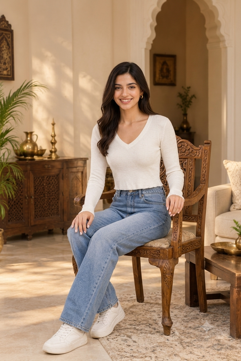 White Ribbed V-Neck Cropped Sweater Top with Full Sleeves