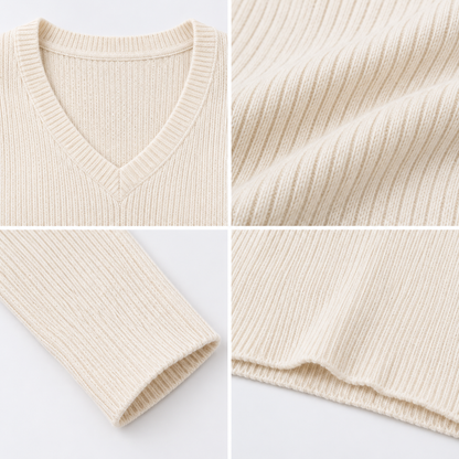 White Ribbed V-Neck Cropped Sweater Top with Full Sleeves